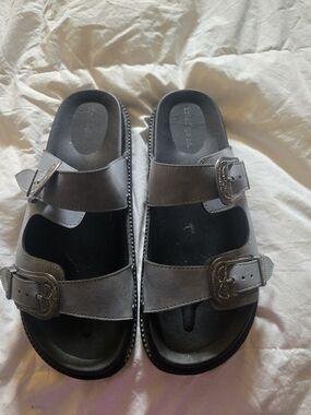 Indigo Blue Gray Double-Buckle Slide Sandals